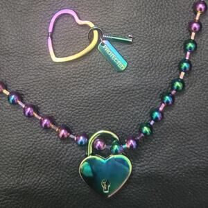 Rainbow ball chain necklace, heart lock & "protected" key ring stainless steel